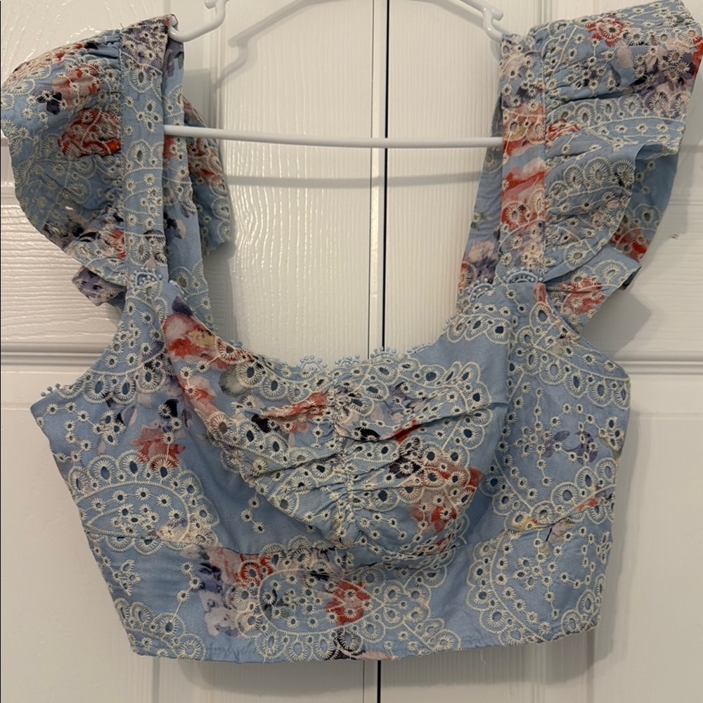 Just Me Blue Floral Lace Crop Top